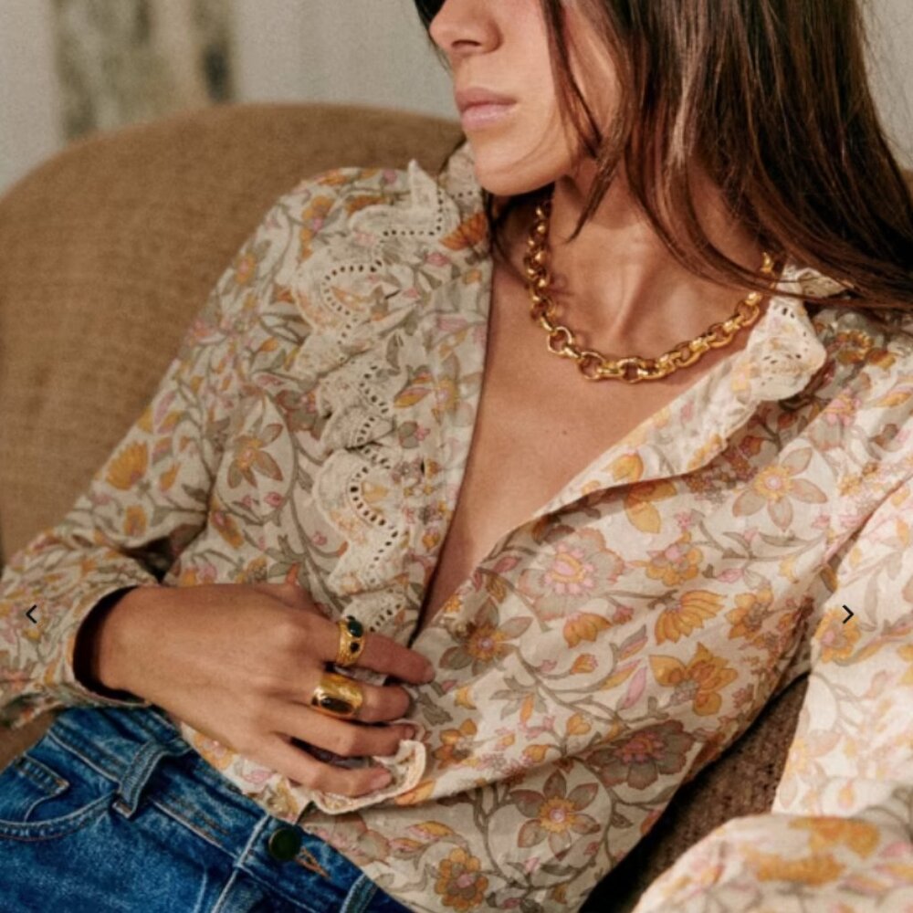 NWT Sezane Chlo Floral Cotton Blouse in Yellow Garden- Size 40